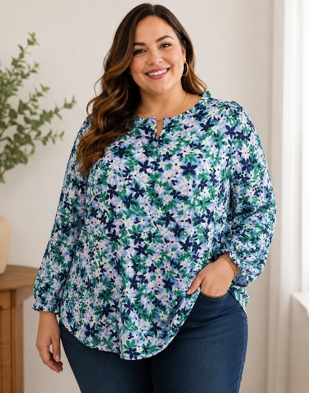 Talbots Women’s Blouse 3X Green Floral Ruffle Neck Cotton Long Sleeve Button
